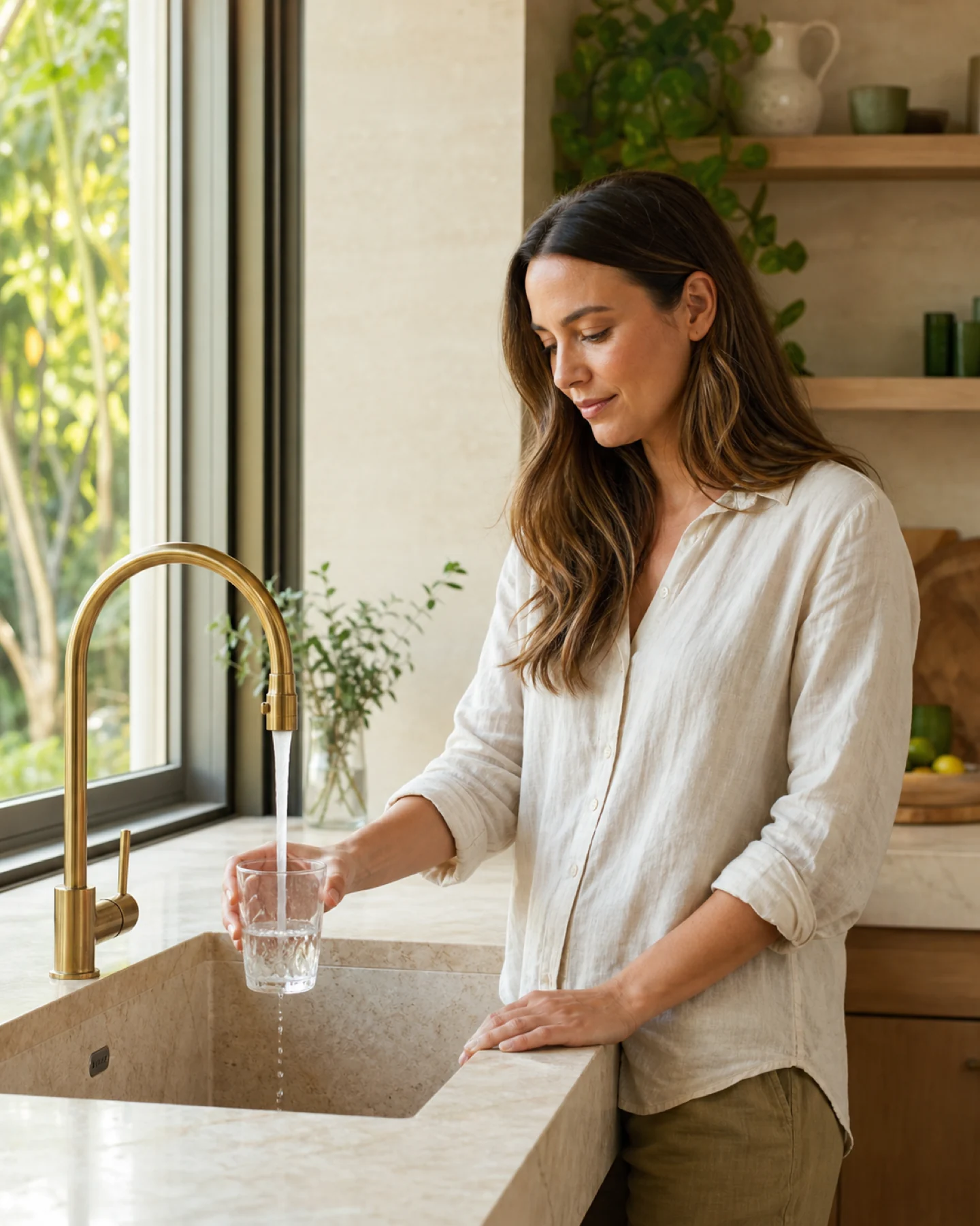 A homeowner filling a glass with fresh water in a warm kitchen