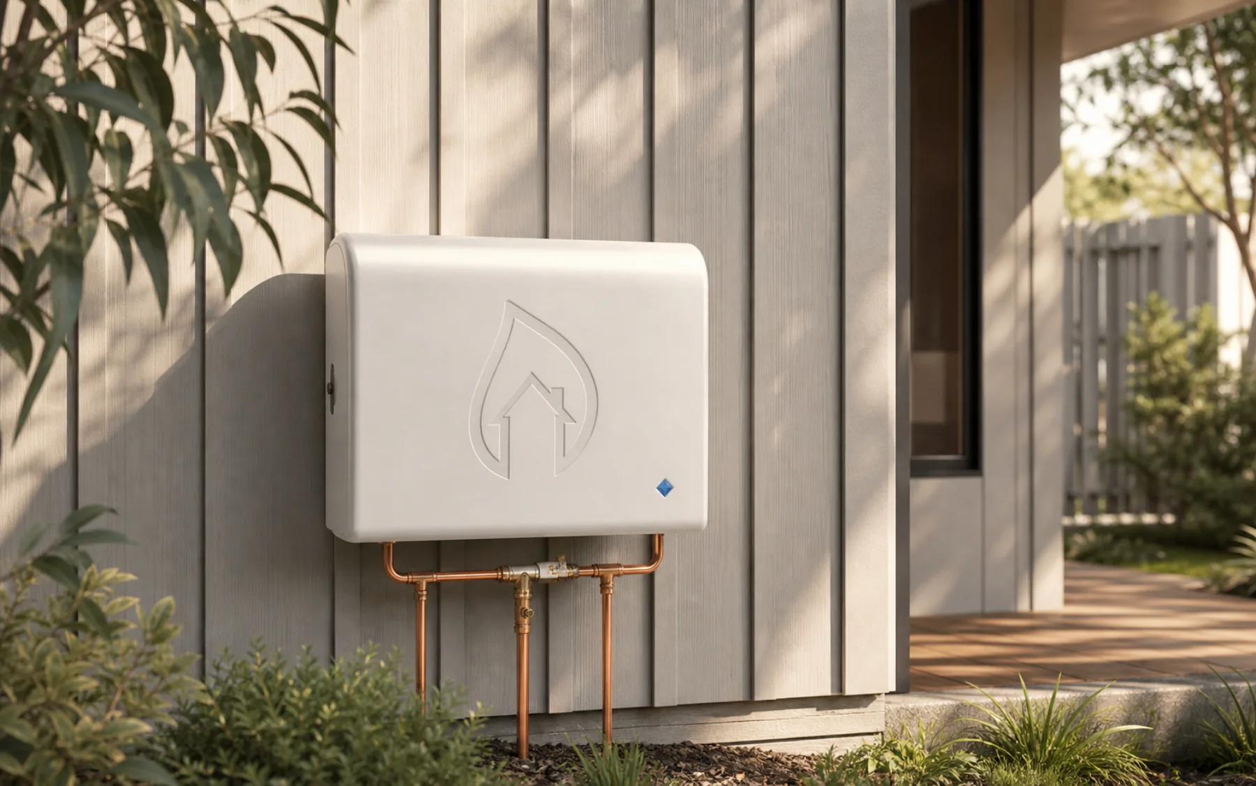 Diamond Water System whole-home filtration cabinet installed outdoors with copper pipework